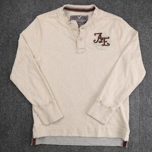 American Eagle Mens Henley Shirt Cream Long Sleeve Graphic Logo Cotton L/G